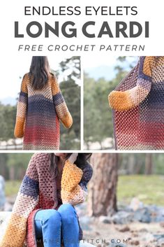 the crochet sweater is shown with text that reads, endless eyelets long cardi free crochet pattern