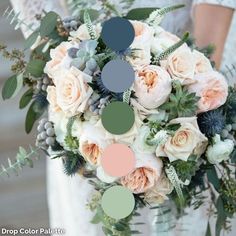 a bridal bouquet with peach roses and succulents in shades of green