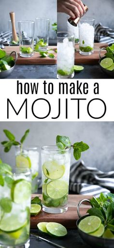 how to make a mojito with mint and limes in glasses on a cutting board