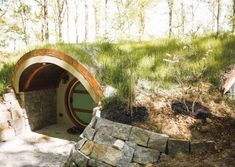 a hobbot in the woods with grass growing on it's roof and door