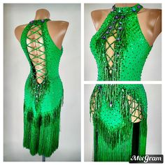 Fitted Sequin Dance Dress, Fitted Sequin Dress For Dance, Fitted Green Dresses With Rhinestones, Fitted Rhinestone Fringe Dress For Gala, Fitted Rhinestone Dress For Dance, Fitted Dresses With Rhinestones For Dance, Fitted Bedazzled Dress For Gala, Green Fitted Ballroom Dress, Green Fitted Dress For Ballroom