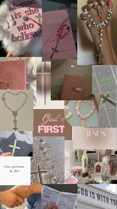 the collage shows many different items in pink and grey colors, including pearls, beads,