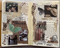 an open book with many pictures and words on it, including a butterfly in the middle