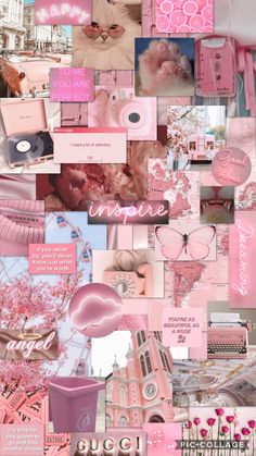 a collage of pink and white images