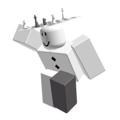 an image of a white robot with his arms in the air and two sinks on each side