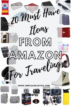 the words 20 must have items from amazon for traveling in white and black with images of various