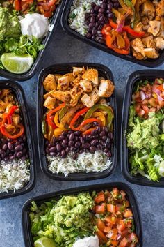 six plastic containers filled with different types of salads and rice on top of each other