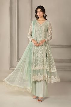 Classic Light Green Shade Maria B Luxury Formal Pakistani Salwar Suit Maria B Dresses, Dress Design Pakistani, Light Green Dress, Organza Suits, Maria B, Pearl And Lace, Eid Collection, Suit Fabric, Pakistani Outfits