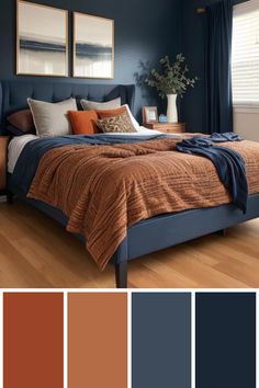 a bedroom with blue walls and brown bedding