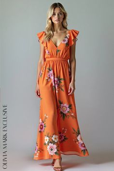 Olivia Mark - Elegant Vibrant Orange Floral Print Maxi Dress with Ruffled Sleeves and Deep V-Neckline Orange Floral Print, Summer Soiree, Floral Print Maxi Dress, Floral Print Maxi, Ruffled Sleeves, Vibrant Orange, Olivia Mark, Garden Party, Elegant Dresses