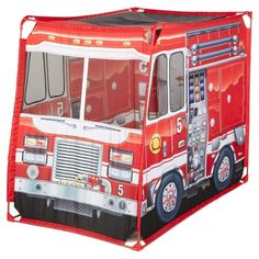 a red fire truck shaped play tent