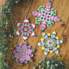 three snowflakes are sitting on the floor next to some plants and flowers in front of them