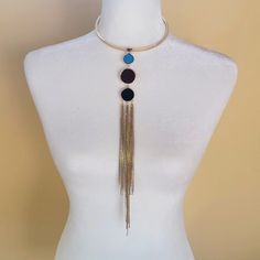 Express Laureate Disc Fringe Gold Choker Statement Necklace Adjustable Gold Choker With 3 Multi Color Discs And Cascading Gold Fringe . Turquoise, Burgundy/Wine And Black Fringe Measures At Longest Point Approx 12 1/2" Long From Choker Blue Metal Chain Necklace With Clavicle Chain, Blue Metal Clavicle Chain Necklace, Adjustable Blue Chain Necklace, Blue Adjustable Chain Choker Jewelry, Blue Metal Choker Necklace, Elegant Blue Metal Choker, Diy Statement Necklace, Gold Fringe, Choker Jewelry