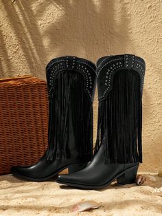 Fashionable Black Pointed Toe Chunky Heel Fringe & Rivet Decor Mid-Calf Western Boots For Date, Party, Events For Christmas And New Year Holiday Black         Women Shoes, size features are:Bust: ,Length: ,Sleeve Length: Black Cowgirl Boots, Western Boots Women, Party Events, Vintage Punk, Cowgirl Outfits, Western Cowboy Boots, Outdoor Shoes, Mid Calf Boots, Outdoor Woman