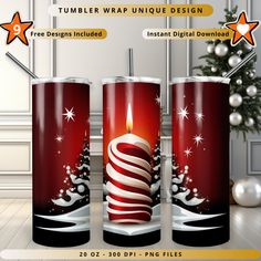 three red tumblers with a christmas candle on the front and side, all decorated in white snowflakes