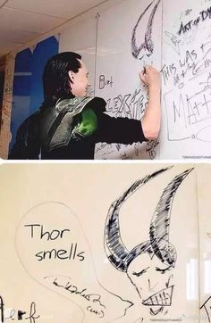 there are two pictures with writing on the wall and one has an image of a horned head