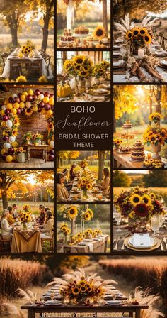 sunflowers and other flowers decorate the table for an outdoor bridal shower party