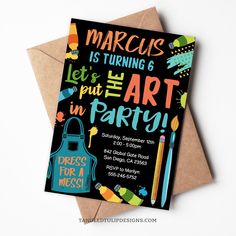 this is an image of a birthday party card with the words, circus is turning 6 let's put the art in party