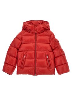 KIDS 'Moncler Maya' padded nylon laqué down jacket with removable hood, zip closure, pockets, long sleeves with elastic cuffs. Composition: 100% polyamide Luxury Red Puffer Jacket With Long Sleeves, Moncler Maya, Moncler Windbreaker, Moncler Long Down Coat, Moncler Red Jacket, Luxury Red Puffer Outerwear, Adventure Accessories, Gucci Baby, Versace Designer