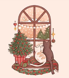 two cats sitting on a window sill looking out at the christmas tree and presents