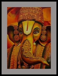 an elephant painting with gold paint on it's face and head, in front of a red background