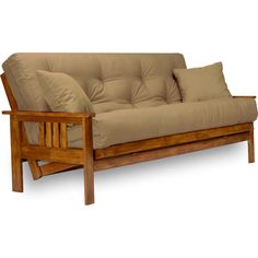 a wooden futon bed with two pillows on it's back and one arm