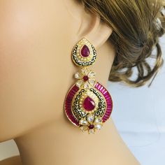 Pink Kundan Earrings/ Golden Ruby Earrings/ Statement Earrings/ Ruby Pink Cubic Zirconia Earrings/ Ethnic Ruby Indian Earrings Made in Brass with very high quality Semi-Precious Ruby Stones and Black meenakari Length: Approx. 2 Inches Comes with Push back closure Lightweight Earrings suitable for any traditional Indian pr Cocktail Outfit This pair of earring is made in Matte Gold finish with Semi precious stone beads with Push back closure.  Very Elegant and stylish, these earrings can be paired with any traditional Indian or Western Attire depending upon the occasion and the theme.  Very lightweight, hand carved and made with with extreme love and care.  This earring will complete your look for any requirement of jewelry to go with your favorite attire. Suitable for weddings, babyshower, Jeweled Chandelier Earrings For Festivals, Jeweled Chandelier Earrings For Festivals And Gifts, Traditional Jeweled Teardrop Earrings, Jeweled Jhumkas Drop Earrings For Gift, Festival Jeweled Drop Earrings, Jeweled Chandbali Earrings As Gift, Ornate Chandbali Drop Earrings As Gift, Traditional Jeweled Chandbali Earrings, Jeweled Round Earrings For Diwali