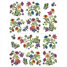 an assortment of colorful flowers and butterflies on white paper with green, red, blue, orange