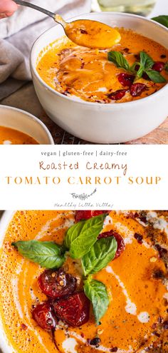 a bowl of roasted creamy tomato carrot soup