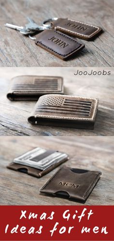 Xmas Gift Ideas for Men. From top to bottom, we have a personalized leather keychain, American Flag Bifold Wallet and the minimalist money clip. Keychains are great for stocking stuffers. The American Flag Wallet works great as a present for that hard to find kind of guy on your list. Perfect Christmas Gift Idea for Guys in your life. #giftsforhim #joojoobs #awesomewallets #giftideasformen Handmade Stocking Stuffers, Personalized Stocking Stuffers, Xmas Gift Ideas, Surprise Gifts For Him, Guy Gifts, Gifts For Guys, Sweet Ideas, Handmade Stocking, Best Stocking Stuffers