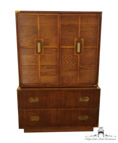 a wooden cabinet with two doors and drawers