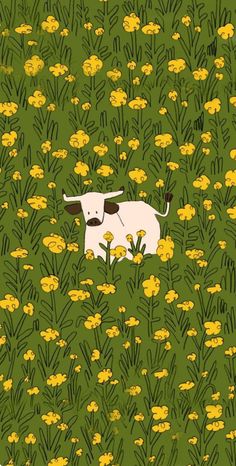 a cow standing in the middle of a field of flowers