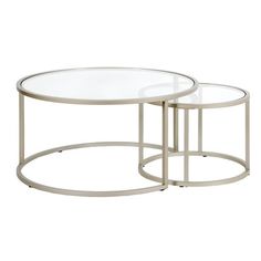 two tables with glass tops on each side and metal frame around the top, both in different sizes