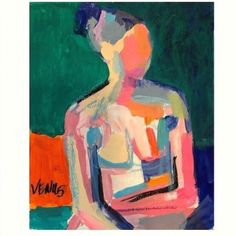 an abstract painting of a woman sitting in a chair with her arm around the neck