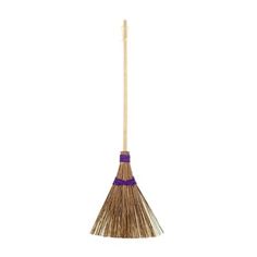 a broom on a white background with purple trimmings and a wooden stick sticking out of it