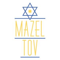 the word mazel tov in yellow and blue with an image of a star on top