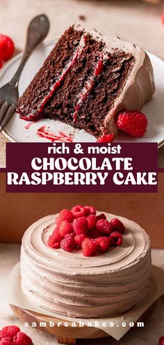 a chocolate raspberry cake on a plate with the words rich & moist chocolate raspberry cake