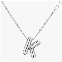 Never Worn Silver Bubble/Balloon Letter K Initial Necklace. It’s On A Satellite Style Chain That’s Also An Adjustable Length. Received This As A Gift But It’s Not My Style. Box Says Qyalie As The Company/Brand. K Initial Necklace, Letter K Necklace, K Initial, K Necklace, Letter Necklace Silver, Bubble Balloons, Style Box, Bubble Letters, Silver Jewelry Necklace