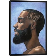 a drawing of a man with a beard and the word king written on his forehead