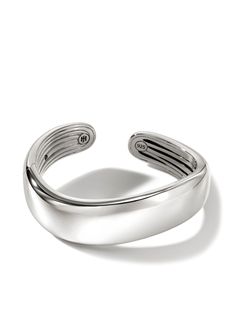 silver-tone sterling silver polished finish open cuff design adjustable fit pull-on style Modern Polished Open Cuff Bracelet, Modern Polished Finish Open Cuff Bracelet, Elegant Jewelry With Polished Edges And Open Band, Luxury Silver Open Cuff Bracelet, Modern White Gold Cuff Bracelet With Shiny Finish, Elegant Open Band Bracelet With Polished Finish, Sleek Sterling Silver Jewelry For Formal Occasions, Elegant Silver Open Band Cuff Bracelet, Modern White Gold Bangle With Polished Finish