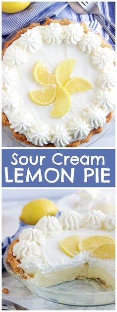 a lemon pie with white frosting and sliced lemons