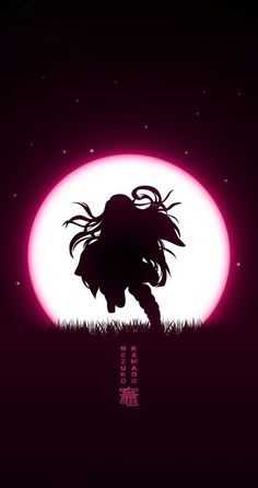 the silhouette of a person with long hair in front of a full moon