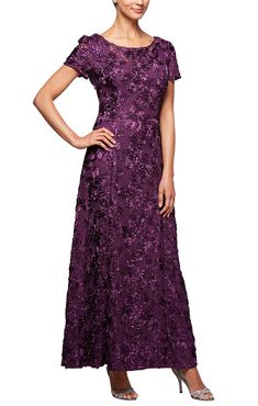 Sparkling sequins shine on our best-selling A-Line Rosette gown. Delicate floral soutache detail & a perfectly flattering fit have made this a Mother-of-the-Bride (or Groom) favorite. Dark Purple Gown Elegant, Purple Gown Elegant, Dark Purple Gown, Purple Gown, Gown Elegant, Special Occasion Gowns, Evening Dress Collection, Sequin Short, Alex Evenings