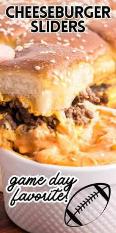 cheeseburger sliders in a casserole dish with text overlay that reads game day favorites