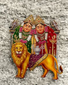 an artistic painting of two men and a lion on a stone wall with silver background