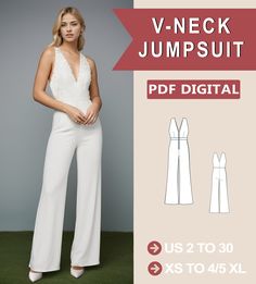 The digital sewing pattern is for v-neck jumpsuit. ➡️This pattern comes with an illustrated sewing guide with step-by-step instructions, making it super easy to make your own garment. If you're looking for a beginner-friendly project that will take 2 hours to make, then this is perfect for you! ➡️ US Sizes: 2, 4, 6, 8, 10, 12, 14, 16, 18, 20, 22, 24, 26, 28, 30 ➡️ Standard sizes: XS, S, M, L, XL, 2XL, 3XL, 4XL/5XL ➡️ These templates are suitable for A4, A0 and US Letter size paper. ➡️ Once your Maternity Jumpsuit Sewing Patterns, Sewing Patterns For Jumpsuits, Jumpsuit Pattern Sewing Tutorials, Jumpsuit Pattern Sewing Free, Diy Jumpsuit Pattern, Jumpsuit Sewing Pattern, Jumpsuit Sewing, Sewing Guide, Jumpsuit Pattern Sewing