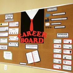 a bulletin board that has been decorated with business cards and magnets on the wall