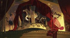 an animated scene with people and animals on stage