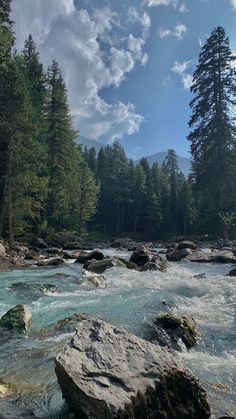 a river running through a forest filled with rocks and trees under a cloudy blue sky