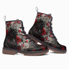 These extremely comfortable classic boots with a high quality print are made to last and to impress. Designed for fashion people, stylish and personalized. Perfect for everyday wearing and to show a unique sense of style.. - The Upper Made of PU leather (synthetic leather), the sole made of rubber.- Soft PU make it comfortable and soft. Size Chart Casual High-top Boots With Red Sole, Trendy Leather Boots With Red Sole, Red Sole High-top Boots For Fall, High-top Boots With Red Sole For Fall, Casual Ankle-high Boots With Red Sole, Classic Boots, Fashion People, Synthetic Leather, Red Flowers